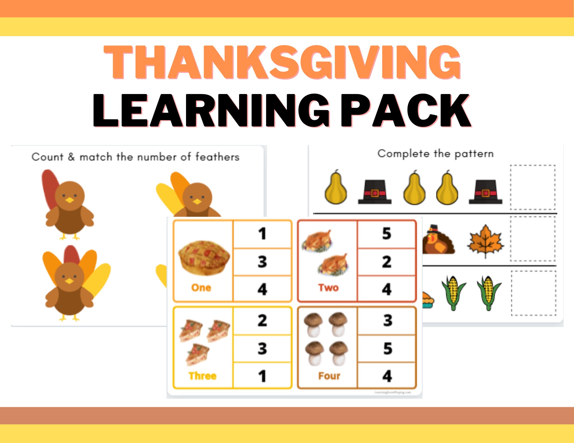 Toddler Thanksgiving Learning Activities - Counting - Matching - Patterns - Pre-writing Practice - Printable Worksheet - Homeschool
