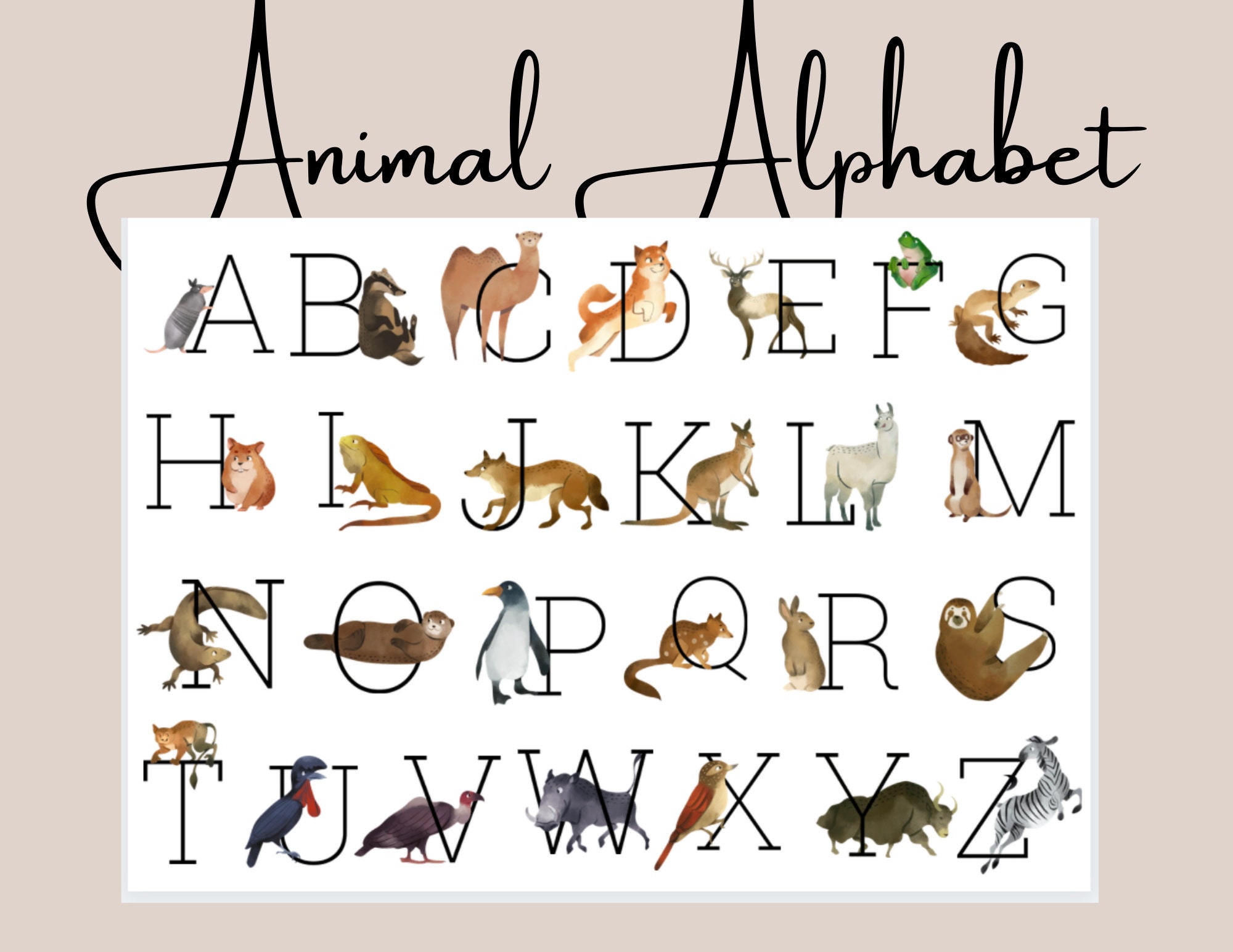 Toddler Animal Alphabet - Simple Beautiful Learning Cards - Nature - Animals - Learning Alphabet Letters - Printable Worksheet - Homeschool - Etsy for Free Printable Animal Alphabet Letters