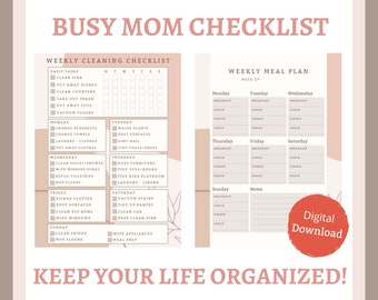 Busy Mom Planner - Printable Checklist - Organized Life - Cleaning Checklist - Printable Planner - Meal Plan - Daily Schedule - To Do List