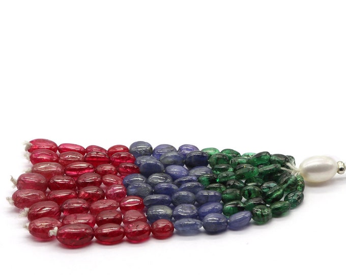 Tassels for pendant/Natural Multi Precious gemstones/EMERALD/Blue SAPPHIRE/SPINEL/Smooth oval shape beads/Size 4x6MM till 6x8MM/Unique pair