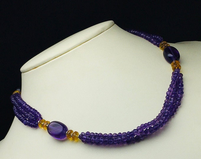 Designer necklace/Natural Amethyst faceted rondelle/Citrine faceted rondelle/with 925 sterling silver handmade clasp/Gemstone necklace/