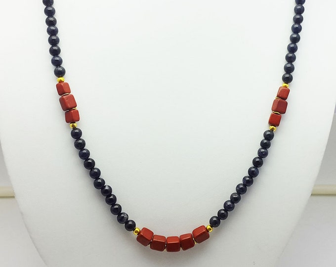 Designer Necklace/Red JASPER square shape and Blue AVENTURINE smooth round shape beads/Brass balls and hook gold polished/Gemstone necklace