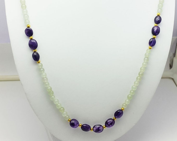 Designer necklace/1 strand/Natural AMETHYST smooth oval 10x13MM/Natural Green quartz smooth round 8MM/Brass hook & rings/Gemstone necklace