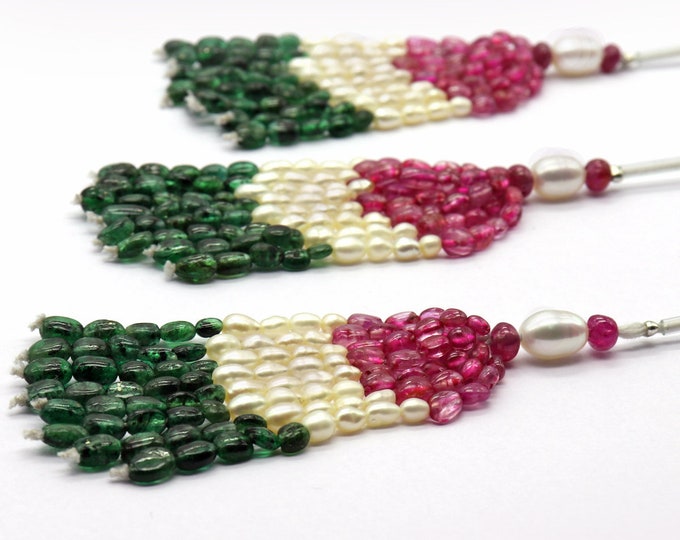 Tassels for earring & pendant/Multi Precious gemstones/Natural dyed RUBY/Natural EMERALD/Chinese PEARL/Smooth oval shape beads/Jewelry maker