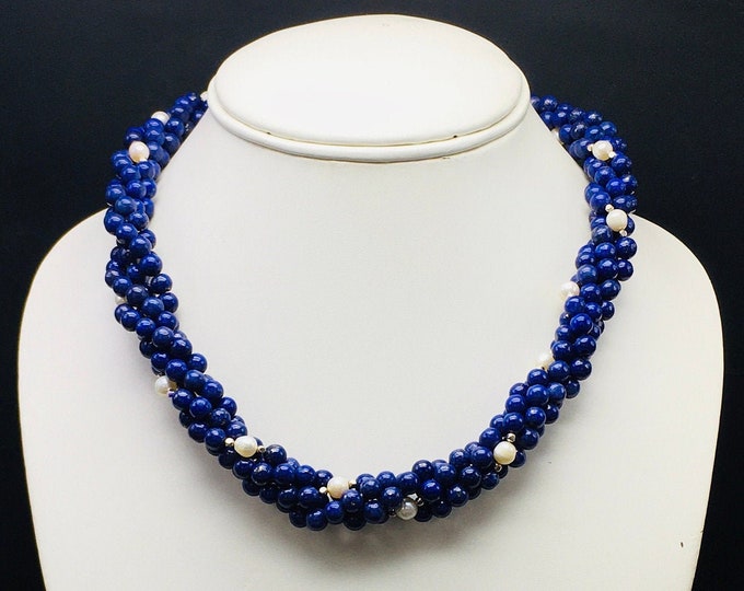 Twisted necklace made of natural dyed LAPIS & CHINESE PEARL smooth round beads with 925 Sterling Silver balls and lobster clasp