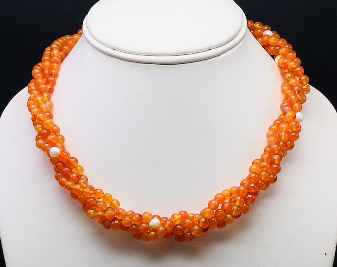 Stunning Gemstone Necklace/Natural CARNELIAN & CHINESE PEARL/Smooth round/Beaded necklace/925 Sterling Silver beads and Lobster Clasp/Unique