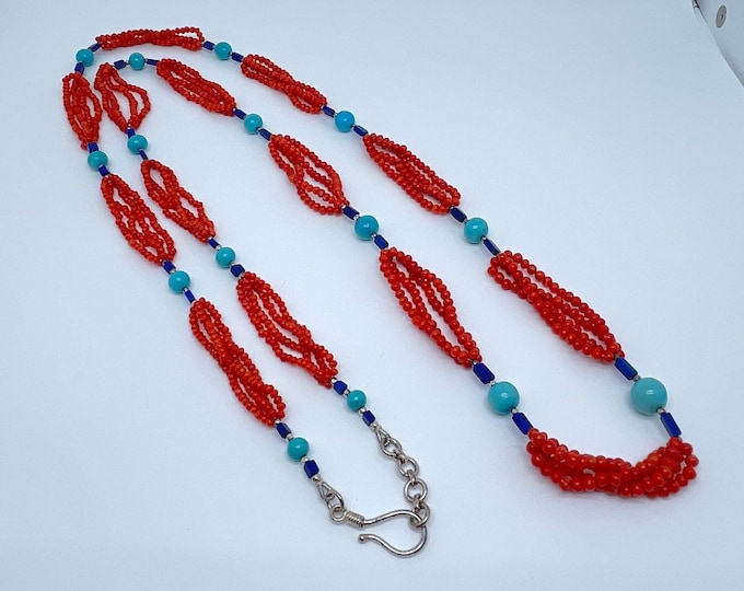 42 Inches long/Designer necklace/Natural CORAL/Natural TURQOIUSE/Natural LAPIS/For women wear/Gemstone necklace/925 Sterling Silver/Unique