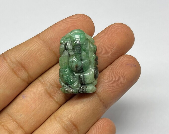 Natural EMERALD/Hand carved/Lord GANESHA/W 20MM/H 31MM/D 10MM/53.05 Ct/For Home Decor/For Home Temple/Rare carving/For Office temple