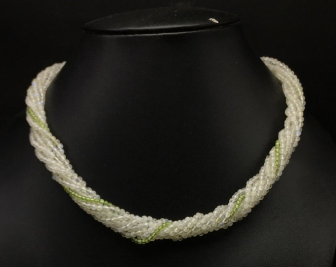 Twisted Necklace Made Of Natural RAINBOW MOONSTONE And Natural PERIDOT Smooth Round  Beads With 925 Sterling Silver Lobster Clasp