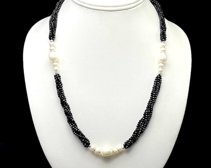 Designer necklace/Genuine BLACK stone faceted rondelle/Chinese PEARL smooth disc/Length 22 inches/925 Sterling silver handmade clasp/Rare