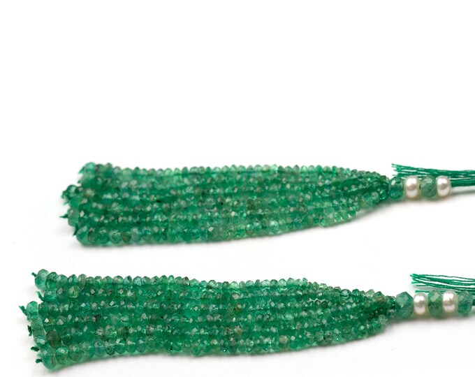 12 Strands 48.90 Carats Earth Mined EMERALD Faceted Roundel Shape Beaded Tassels for Earring, For Jewelry Makers, For Designers Use,