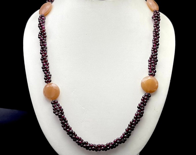Designer Necklace/Natural Red Garnet smooth round/Natural Orange Moonstone faceted coin/Length 32 inches/with 925 Sterling Silver clasp