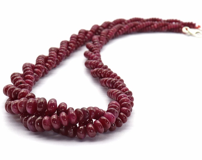 Twisted Necklace Made Of Natural RUBY Smooth Roundel Shape Beaded Necklace With 925 Sterling Silver Lobster Clasp