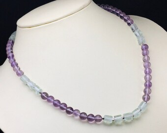 Natural Amethyst Round/Aquamarine tube shape beaded/247.00 Carats/125.00 Dollars/925 sterling silver handmade clasp/Gemstone Necklace