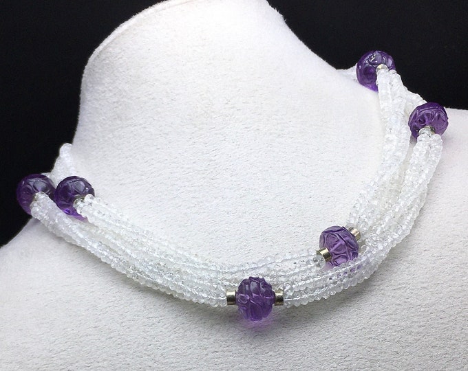 Designer Necklace/Natural ROCK CRYSTAL faceted rondelle/Natural AMETHYST hand carved rondelle/Length 31.50 inches/Gemstone necklace/Rare