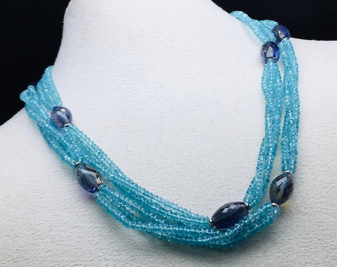 Designer Necklace/Natural APATITE faceted rondelle/Natural IOLITE faceted barrel/Length 33.50 inches/With 925 sterling silver handmade clasp