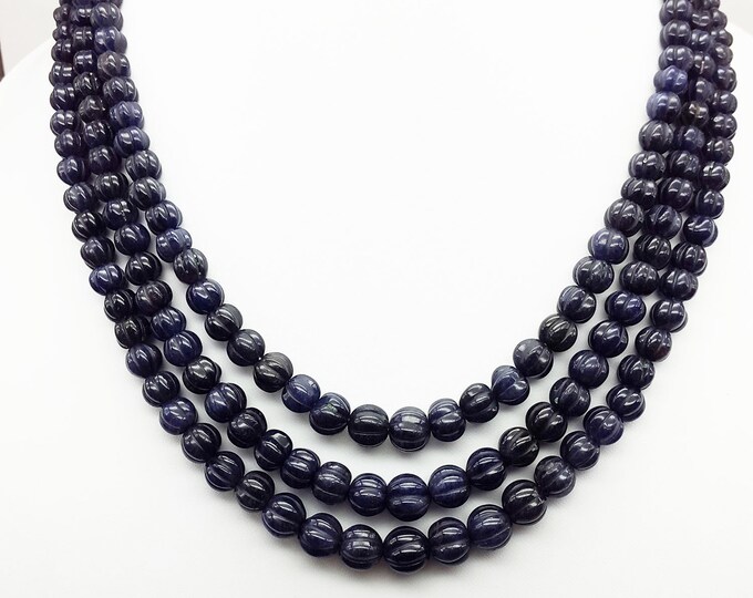 3 Strands Top Quality Blue Aventurine Round Carved Beads Necklace, Carved Beads, Gemstones Necklace Jewelry, Length - 16"-18"
