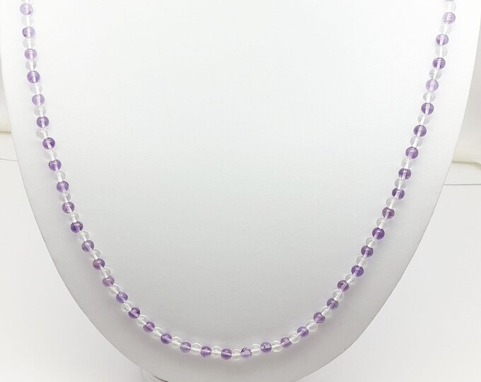 1 Strand Rock Crystal & Amethyst Round Beads Necklace, Semi Precious Beads, Beaded Necklace, Gemstone Necklace, Length - 32"