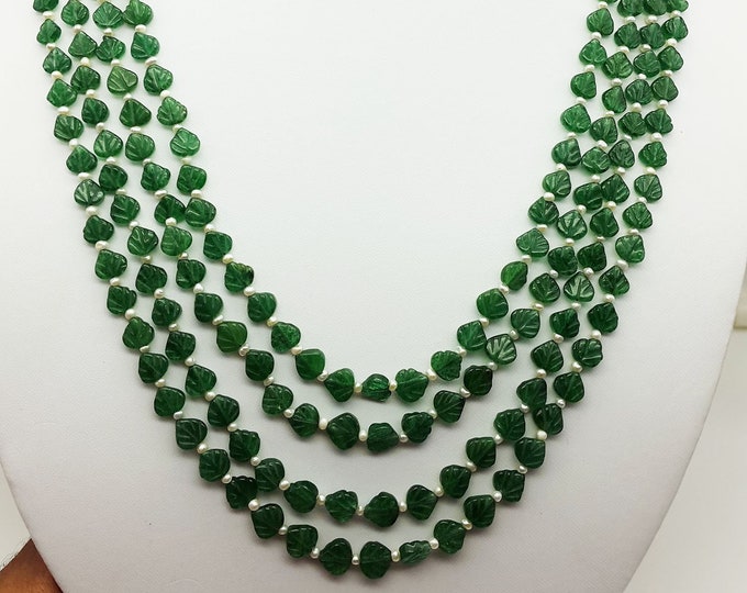 4 Strands Top Quality Green Quartz Heart Leaves Carving Gemstones Necklace, Carved Gemstone Necklace, Jewelry Necklace, Length - 19"