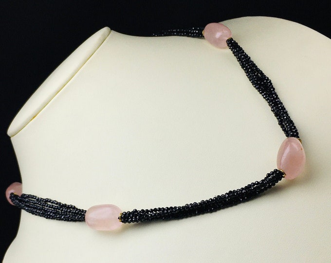 Designer Necklace/Natural BLACK stone faceted rondelle/Natural ROSE QUARTZ smooth tumble/With 925 sterling silver handmade clasp/Gemstone