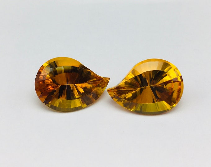 Genuine CITRINE/Fancy cut/Mango shape/Width 13MM/Length 18MM/Height 9MM/Weight 19.55 carats/Beautiful deep golden color pair for earring