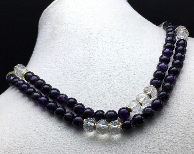 Designer necklace/Dark Amethyst smooth round/Natural Rock Crystal faceted rondelle/31 Inches long/Stunning/Genuine/Unique/Amazing/Attractive
