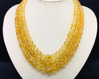 Natural CITRINE/Hand carved/Round shape/Size 7.50MM till 13MM/Beautiful deep golden color beaded necklace/Citrine necklace/Gemstone necklace