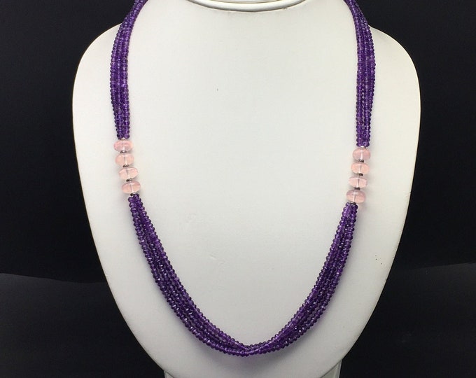 Designer Necklace/Natural AMETHYST faceted rondelle/Natural ROSE QUARTZ smooth rondelle/Length 35.50 inches/925 Sterling silver clasp