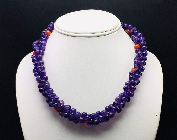 Twisted Necklace Of Natural AMETHYST, Natural CARNELIAN smooth round shape beads with 925 Sterling Silver rings and lobster clasp