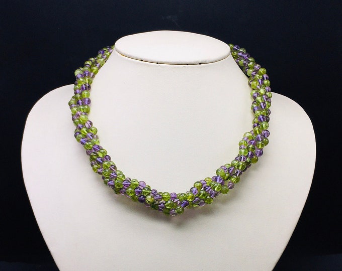 Stunning Gemstone Necklace/Natural PERIDOT & AMETHYST/Smooth round/Beaded necklace/925 Sterling Silver/Lobster Clasp/Unique necklace/Amazing