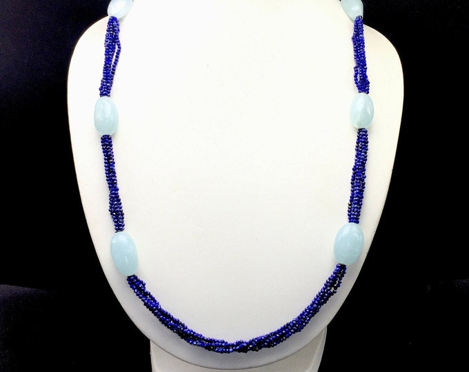 Designer Necklace/Natural LAPIS faceted rondelle/Natural AQUAMARINE smooth tumble/Length 29 inches/925 Sterling silver handmade clasp/Rare