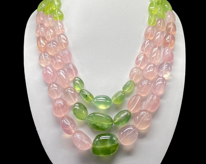 Natural PREHNITE & ROSE QUARTZ/Smooth tumbled/Size 13x15MM till 28x33MM/Length 18" till 21"/2399.00 Carats/Pink green/Gemstone necklace