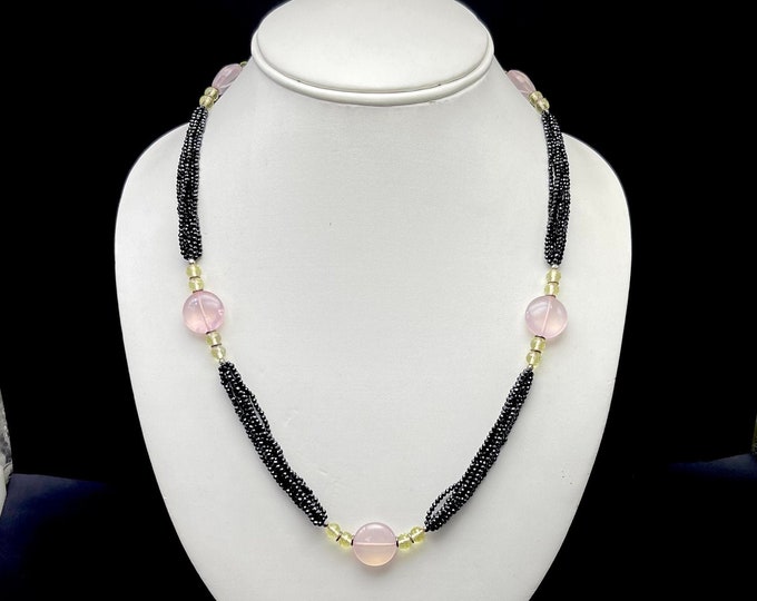 Designer Necklace/Black stone/Lemon Quartz/Rose Quartz/Length 28 inches/925 sterling silver handmade clasp/Gemstone necklace/Amazing necklac