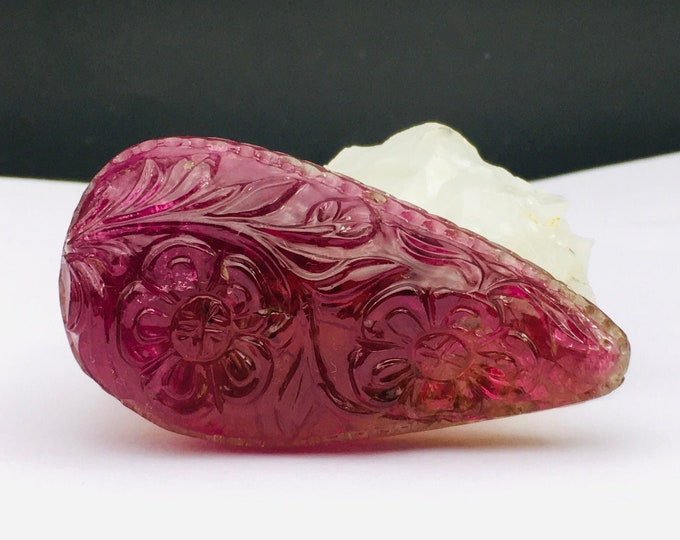 Natural Rubellite/Hand carved/Pear shape/Width 32MM/Length 62MM/Height 17MM/Weight 250.00 cts/Very unique piece of Tourmaline/Rare gemstone