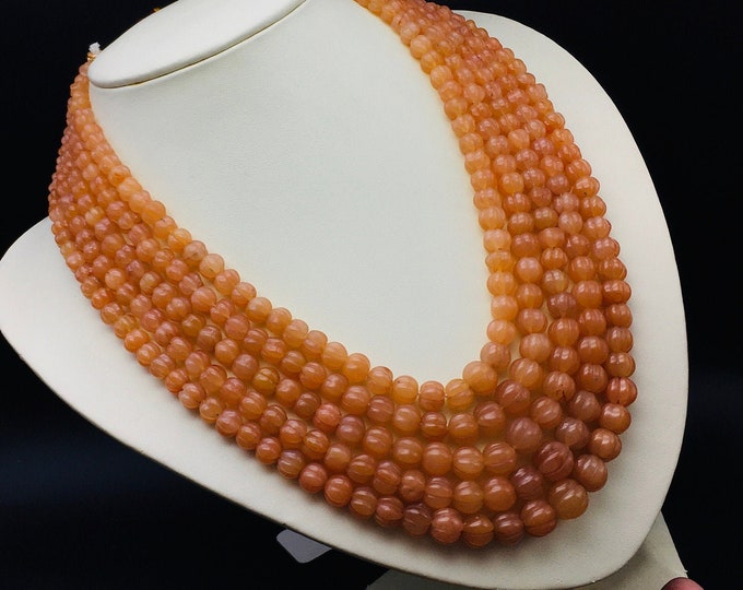 Natural ORANGE AVENTURINE/Hand carved/Round melon shape/Approx. 7MM till 11.50MM/Beautiful Orange color necklace/Gemstone necklace/Unique