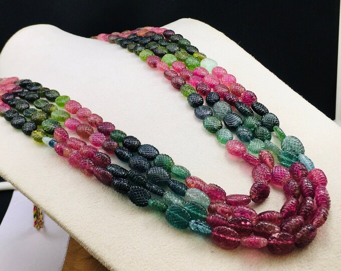 Natural MULTI TOURMALINE/Hand carved/Oval/1296.00 Cts/30"/2999.00 Dollars/Tourmaline necklace/With adjustable silk cord closure/Rare
