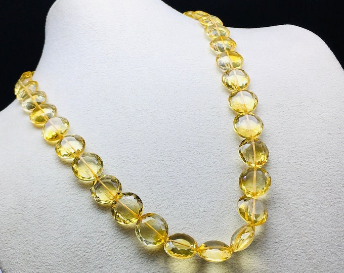 Natural CITRINE/Both side faceted/Round Coin shape/15MM calibrated/6.50MM height/18.50" length/Top golden color/925 Sterling Silver hook