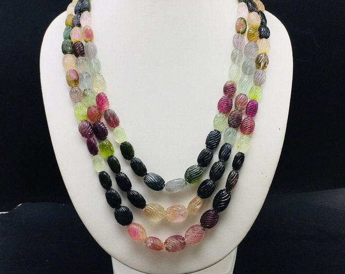 Natural MULTI TOURMALINE/Hand carved/Long oval/811.05 Cts/20"/1532.00 dollars/Beautiful multi natural colors of Tourmaline/Gemstone necklace
