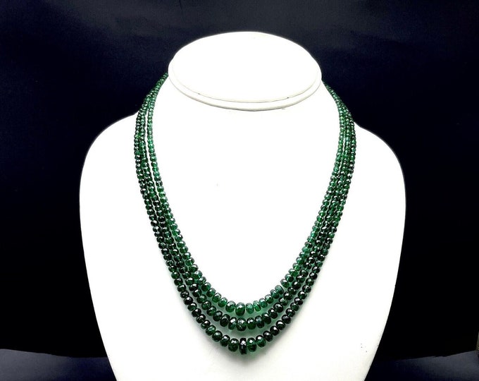 Natural EMERALD/Faceted rondelle/BRAZILLIAN/Size 2.75MM till 9.50MM/Length 14" inner 16" outer/Strands 3/Emerald necklace/Top quality