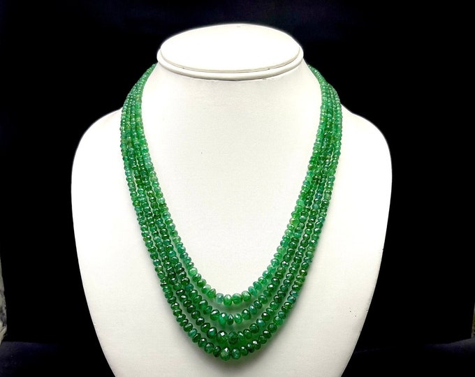 Natural EMERALD/Faceted rondelle/ZAMBIAN/Size 3.00MM till 7.50MM/Length 15" inner 17" outer/Strands 4/Emerald necklace/Top quality