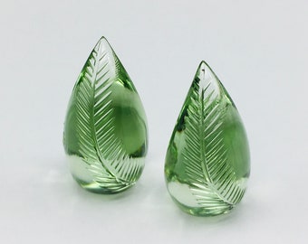 Genuine GREEN AMETHYST (Prasiolite)/Fancy smooth/Horn shape/Width 10.50MM/Length 20MM/Height 8.50MM/Deep green color gemstones/Perfect pair