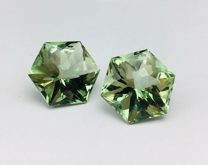 Genuine GREEN AMETHYST ( Prasiolite )/Fancy cut/Hexagon shape/Width 18MM/Length 18MM/Height 12.50MM/Weight 40.80 carats/Beautiful pair