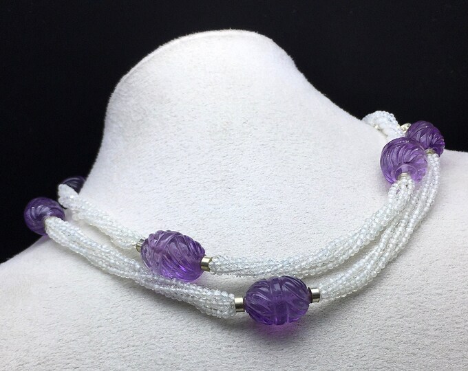 Designer Necklace/Natural ROCK CRYSTAL faceted rondelle/Natural AMETHYST hand carved tumble beads/With 925 sterling silver objects and clasp