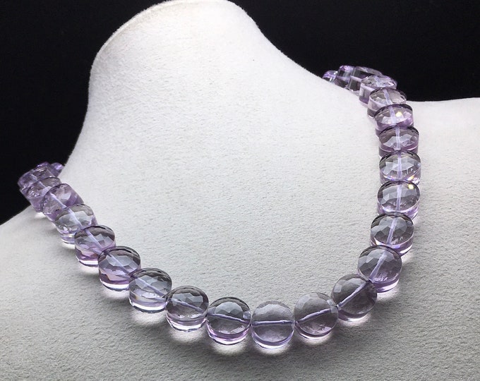 Natural LIGHT AMETHYST/Fancy round/Double side/Size 15MM/Height 10MM/469.00 carats/18.50" length/With 925 Sterling Silver handmade hook