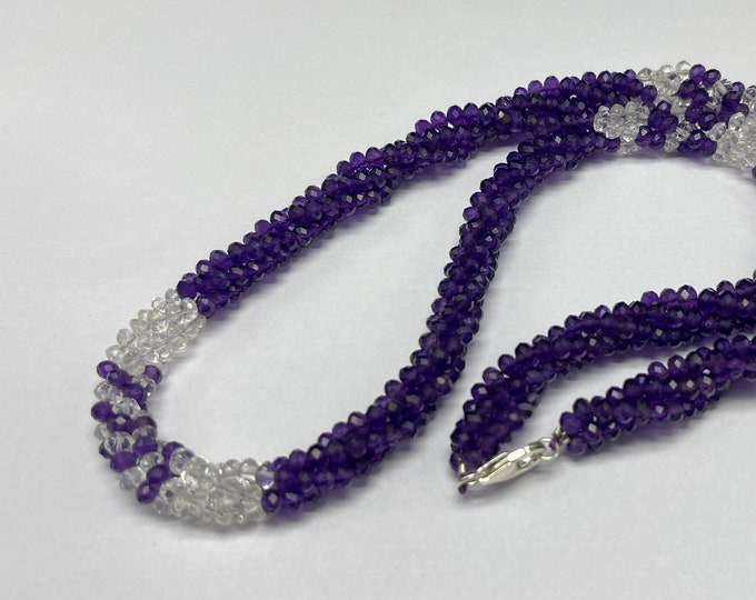 Designer Necklace/Natural AMETHYST faceted rondelle/Natural ROCK CRYSTAL smooth rondelle/Length 21.00 inches/925 Sterling silver clasp