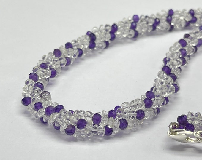 Designer Necklace/Natural AMETHYST faceted rondelle/Natural ROCK CRYSTAL smooth rondelle/Length 35.50 inches/925 Sterling silver clasp