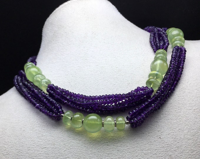 Designer necklace/Natural Amethyst faceted rondelle/Natural Prehnite smooth rondelle/Length 33 inches/925 Sterling silver handmade clasp