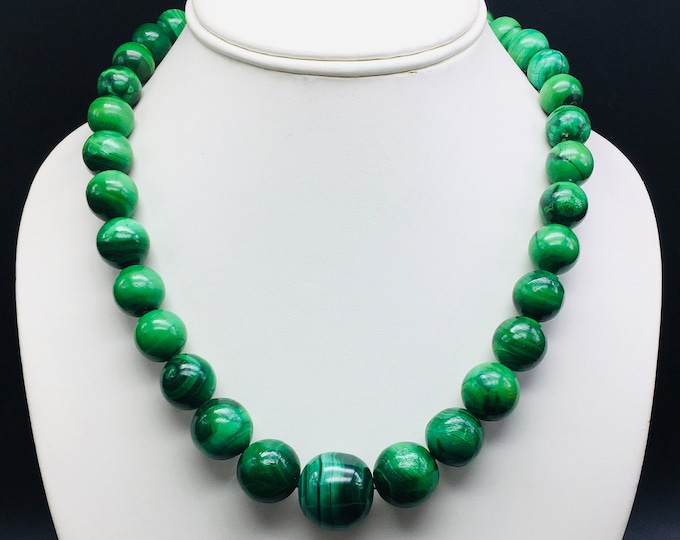 Natural MALACHITE/Smooth round/Width 11MM to 20MM/Beautiful deep green color beads/Length 19.50 inches long/Top quality Malachite beads/Rare