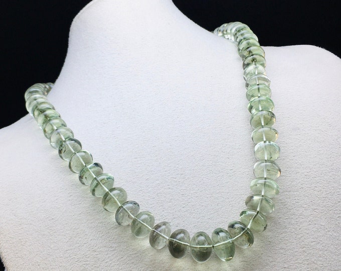 Genuine PRASIOLITE/GREEN AMETHYST/Smooth rondelle/Size 11MM till 15MM/Beautiful green color necklace/925 sterling silver handmade clasp