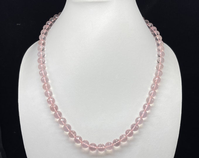 Natural Rose Quartz/Micro faceted/Approx. 9MM till 10MM/Beautiful pink necklace/With silk cord closure/Gemstone necklace